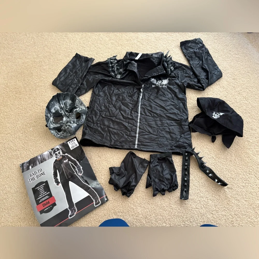 Bad to the‎ Bone Child Costume L 12-14 Skull Mask Jacket Gloves Halloween